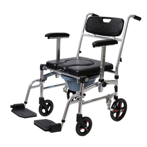 Commode Shower Chair, Transport chair 4 in 1 with 4 Brakes, Removable Pedal, Adjustable armrest, PU Commode Seat and Pail 280lb
