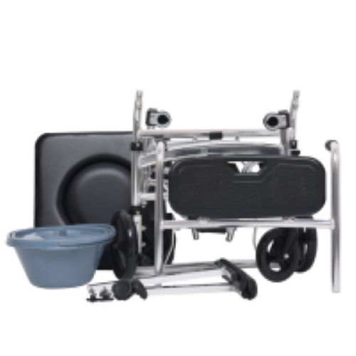 Commode Shower Chair, Transport chair 4 in 1 with 4 Brakes, Removable Pedal, Adjustable armrest, PU Commode Seat and Pail 280lb