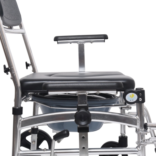 Commode Shower Chair, Transport chair 4 in 1 with 4 Brakes, Removable Pedal, Adjustable armrest, PU Commode Seat and Pail 280lb