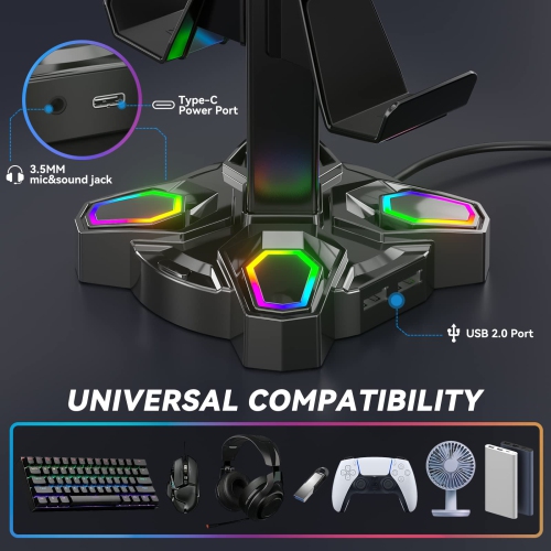 Gaming RGB Headphones Stand, Rotatable Headset Stand with 9 Light Modes - Controller Holder with 2 USB Charging Ports and 3.5mm & Type-C Port -