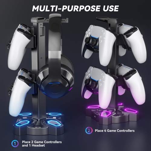 Gaming RGB Headphones Stand, Rotatable Headset Stand with 9 Light Modes - Controller Holder with 2 USB Charging Ports and 3.5mm & Type-C Port -