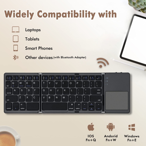 Universal Foldable Wireless Keyboard with Touchpad Tri- Folding Portable for Android, Windows System Laptop Tablet Smartphone Device - Gray
