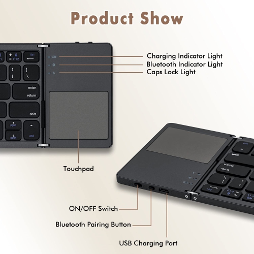 Universal Foldable Wireless Keyboard with Touchpad Tri- Folding Portable for Android, Windows System Laptop Tablet Smartphone Device - Gray