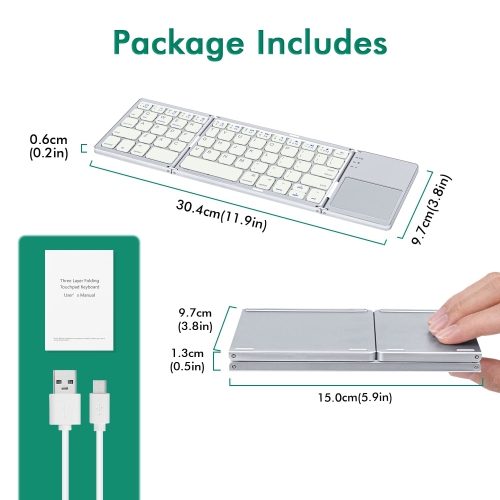 Universal Foldable Wireless Keyboard with Touchpad Tri- Folding Portable for Android, Windows System Laptop Tablet Smartphone Device - Silver White