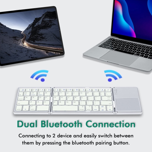 Universal Foldable Wireless Keyboard with Touchpad Tri- Folding Portable for Android, Windows System Laptop Tablet Smartphone Device - Silver White