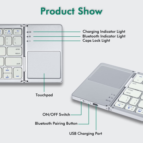Universal Foldable Wireless Keyboard with Touchpad Tri- Folding Portable for Android, Windows System Laptop Tablet Smartphone Device - Silver White