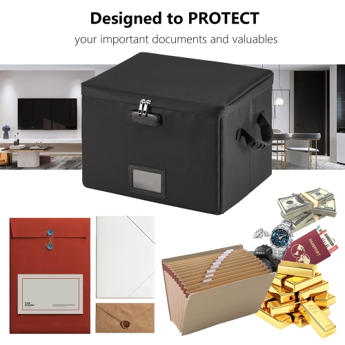 Fireproof Document Box, Fireproof File Box with Lock, Collapsible File Storage Box with Zippers and Inserts Bag, Portable Home Office Safe Box for