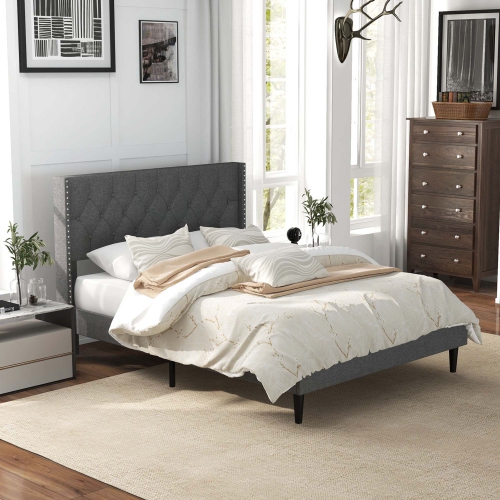 Costway Full/Queen Size Upholstered Platform Bed Button Tufted Headboard Mattress Foundation