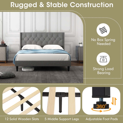 Costway Full/Queen Size Upholstered Platform Bed Button Tufted Headboard Mattress Foundation