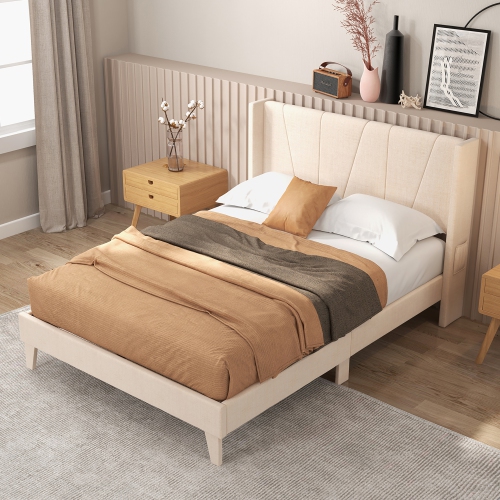 Costway Full/Queen Size Upholstered Bed Frame with Elastic Pockets Mattress Foundation Beige