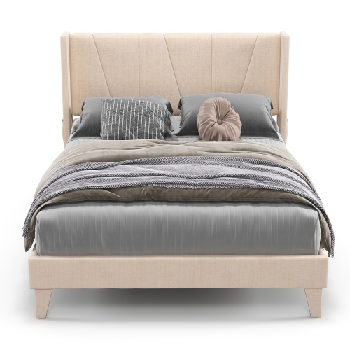 Costway Full/Queen Size Upholstered Bed Frame with Elastic Pockets Mattress Foundation Beige