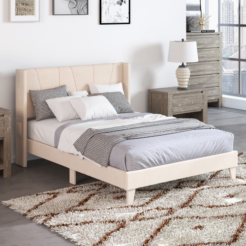 Costway Full/Queen Size Upholstered Bed Frame with Elastic Pockets Mattress Foundation Beige