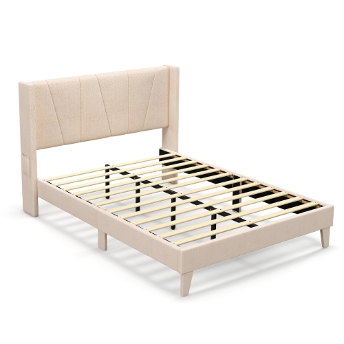 Costway Full/Queen Size Upholstered Bed Frame with Elastic Pockets Mattress Foundation Beige
