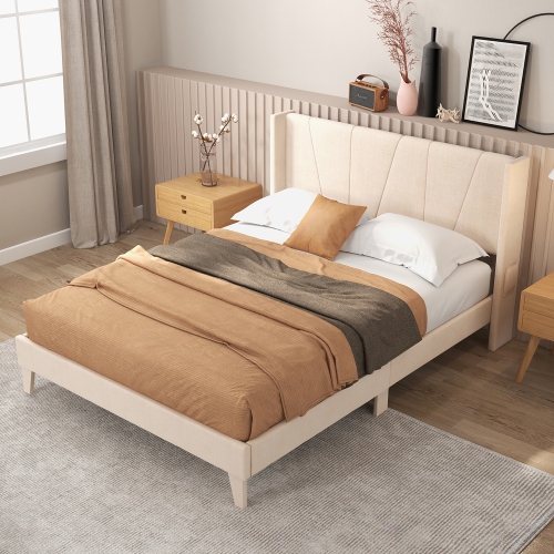 Costway Full/Queen Size Upholstered Bed Frame with Elastic Pockets Mattress Foundation Beige