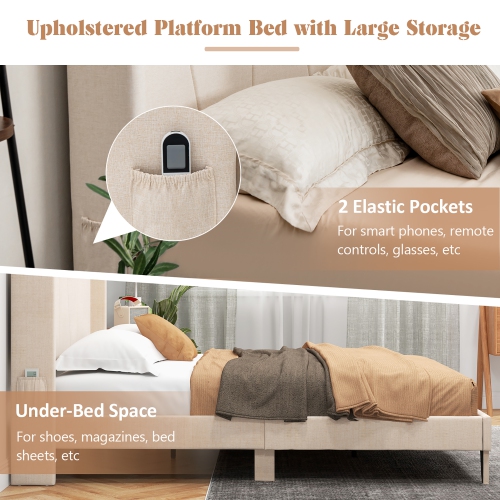 Costway Full/Queen Size Upholstered Bed Frame with Elastic Pockets Mattress Foundation Beige