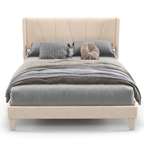 Costway Full/Queen Size Upholstered Bed Frame with Elastic Pockets Mattress Foundation Beige