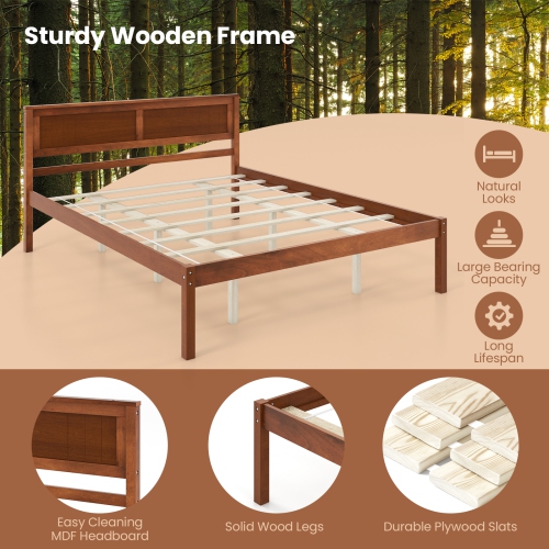 Costway Full/Queen/Twin Size Wooden Platform Bed Frame with Headboard Mattress Foundation Walnut