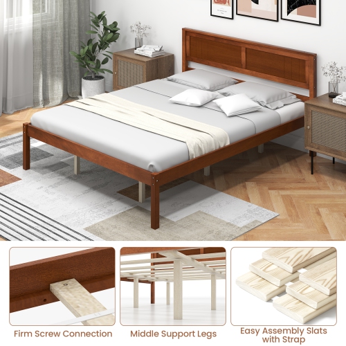 Costway Full/Queen/Twin Size Wooden Platform Bed Frame with Headboard Mattress Foundation Walnut