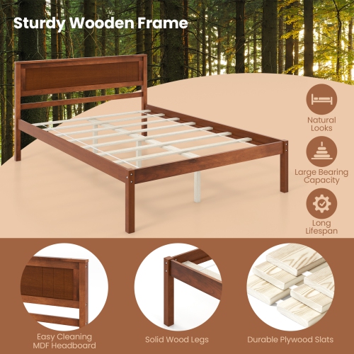 Cadre de lit plateforme en bois de Costway pour lit double/grand lit/lit simple avec base de matelas de tête de lit - Noyer