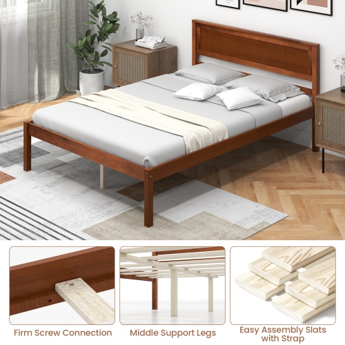 Cadre de lit plateforme en bois de Costway pour lit double/grand lit/lit simple avec base de matelas de tête de lit - Noyer