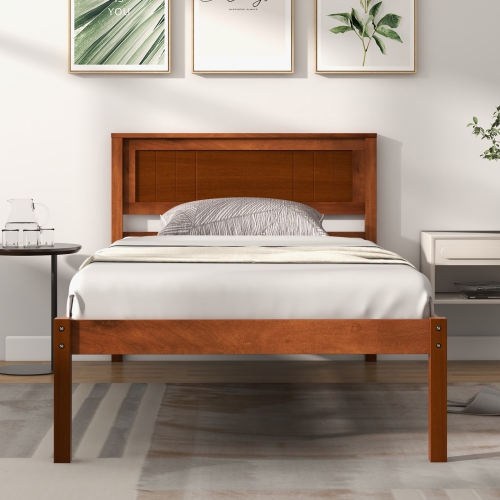 Cadre de lit plateforme en bois de Costway pour lit double/grand lit/lit simple avec base de matelas de tête de lit - Noyer