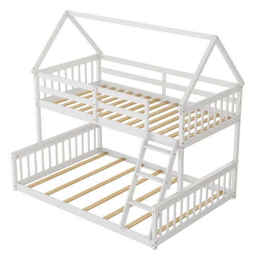 Costway Twin Over Full House Bunk Bed with Ladder & Guardrails Convertible to 2 Beds