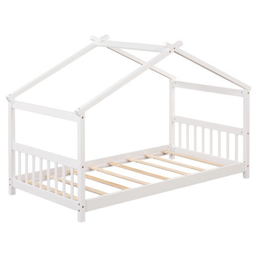 Costway Twin Size House Bed with Roof Wooden Low Floor Bed No Box Spring Needed Natural/Gray/White