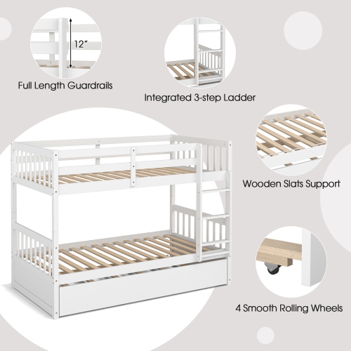 Costway Twin Over Twin Bunk Bed with Twin Trundle Solid Wood Frame Espresso/White
