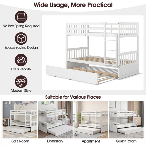 Costway Twin Over Twin Bunk Bed with Twin Trundle Solid Wood Frame Espresso/White