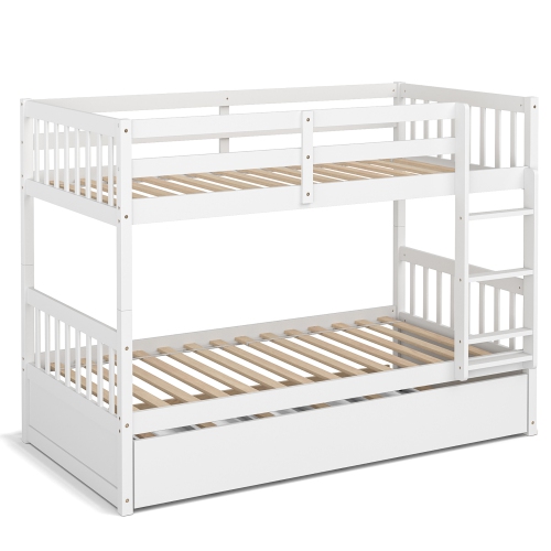 Costway Twin Over Twin Bunk Bed with Twin Trundle Solid Wood Frame Espresso/White
