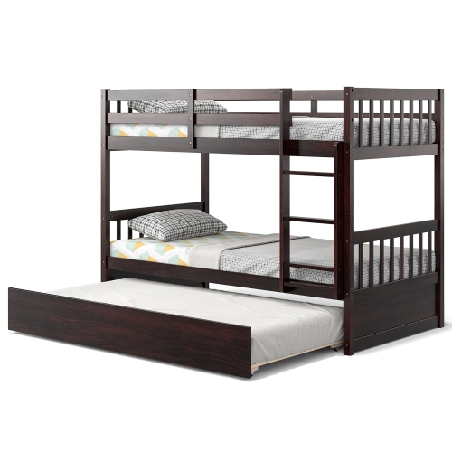 COSTWAY  Twin Over Twin Bunk Bed With Twin Trundle Solid Wood Frame Espresso/white