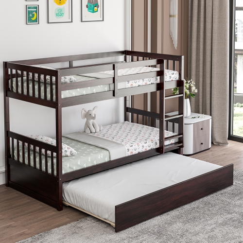 Costway Twin Over Twin Bunk Bed with Twin Trundle Solid Wood Frame Espresso/White