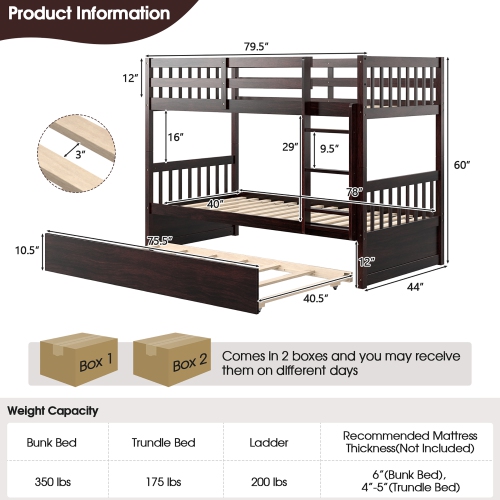 Costway Twin Over Twin Bunk Bed with Twin Trundle Solid Wood Frame Espresso/White