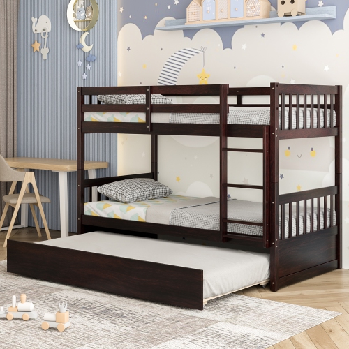 Costway Twin Over Twin Bunk Bed with Twin Trundle Solid Wood Frame Espresso/White