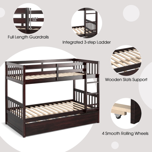 Costway Twin Over Twin Bunk Bed with Twin Trundle Solid Wood Frame Espresso/White