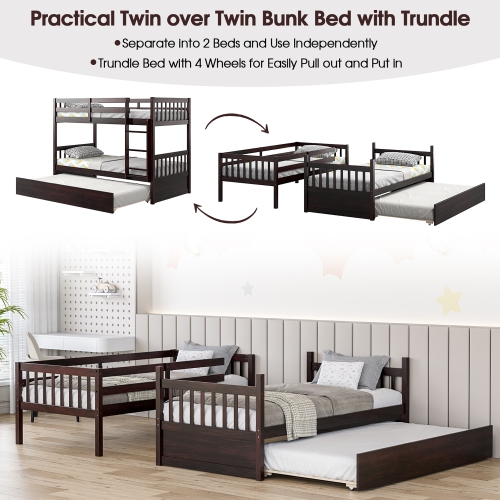 Costway Twin Over Twin Bunk Bed with Twin Trundle Solid Wood Frame Espresso/White