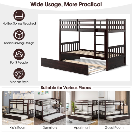 Costway Twin Over Twin Bunk Bed with Twin Trundle Solid Wood Frame Espresso/White