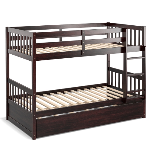 Costway Twin Over Twin Bunk Bed with Twin Trundle Solid Wood Frame Espresso/White