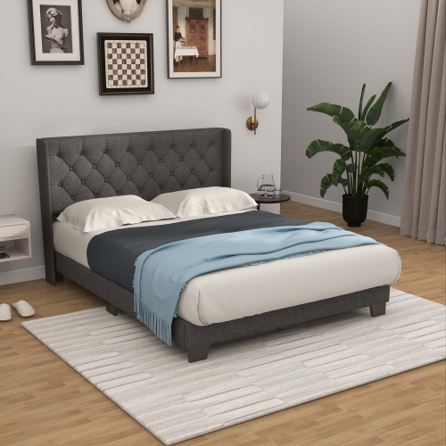 Costway Full/Queen/Twin Size Upholstered Platform Bed Tufted Headboard Mattress Foundation Grey