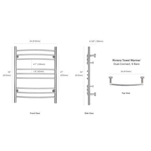 WarmlyYours Riviera Electric Towel Warmer 24"W x 32"H x 6.1"D, Polished, Hardwired or Plug-in