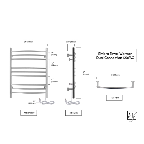 WarmlyYours Riviera Electric Towel Warmer 24"W x 32"H x 6.1"D, Brushed, Hardwired or Plug-in