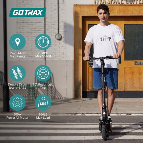 GOTRAX G6 Electric Scooter - 10" Pneumatic Tires, 72 km Max Range, 32 km/h Top Speed, 500W Motor, 6 Hour Charge Time, Auto Cruise Control, Foldable