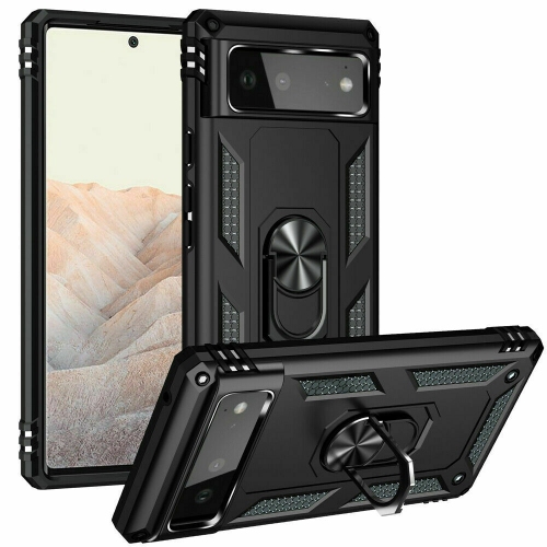 Google Pixel 6a Case, Ring Kickstand Military Grade TPU Hybrid Protective Rugged Case for Google Pixel 6a - Black
