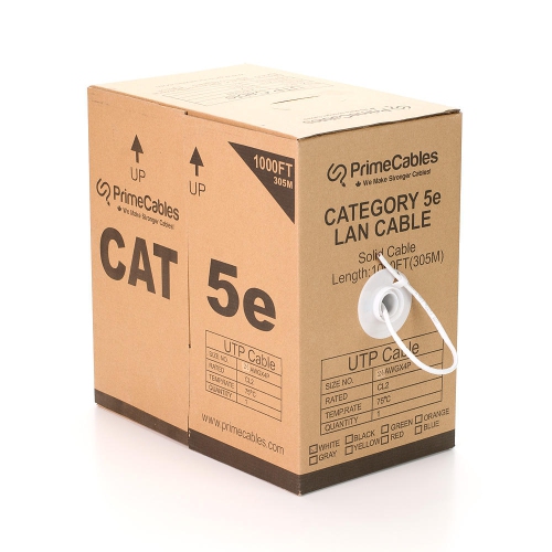 White Cat5e 1000ft Bulk Ethernet Cable 24AWG Solid CCA UTP Solid Bulk Cable, in-Wall Rated
