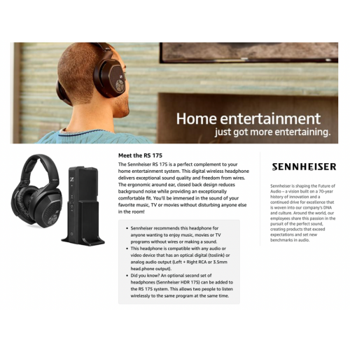 Remis à neuf : système d'écouteurs sans fil RS 175 RF de Sennheiser pour écouter la télévision avec l'amplification des basses et le son ambiophonique