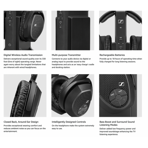 Remis à neuf : système d'écouteurs sans fil RS 175 RF de Sennheiser pour écouter la télévision avec l'amplification des basses et le son ambiophonique
