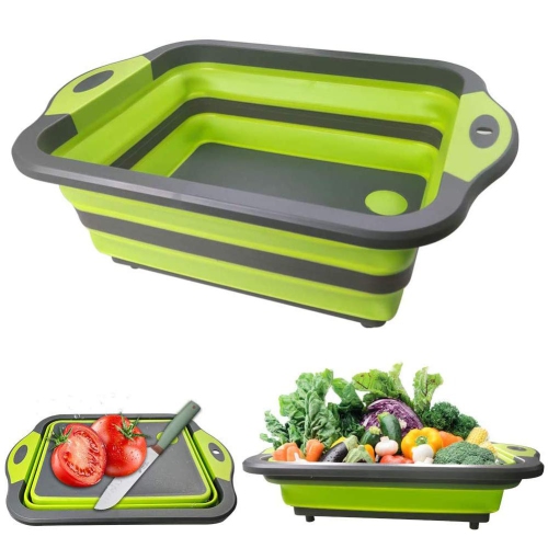Green Collapsible Cutting Board with Colander, Multifunction Silicone Folding Chopping Board Dish Tub Basin Food Strainer Storage Basket, Draining &