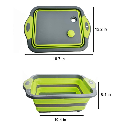 Green Collapsible Cutting Board with Colander, Multifunction Silicone Folding Chopping Board Dish Tub Basin Food Strainer Storage Basket, Draining &