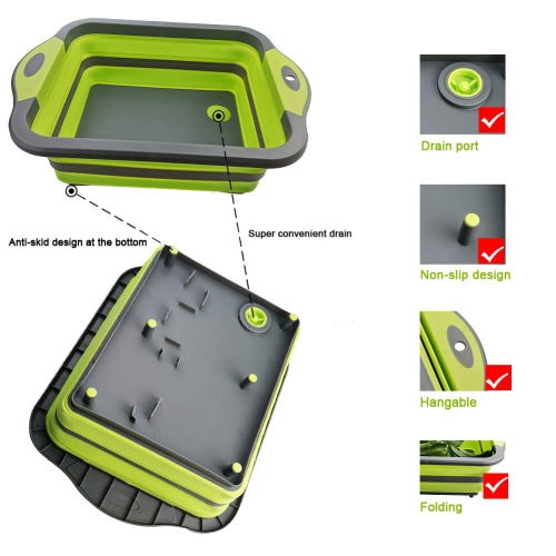 Green Collapsible Cutting Board with Colander, Multifunction Silicone Folding Chopping Board Dish Tub Basin Food Strainer Storage Basket, Draining &