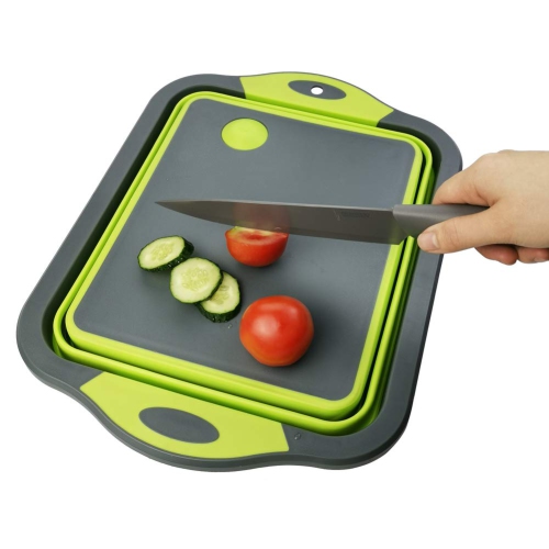Green Collapsible Cutting Board with Colander, Multifunction Silicone Folding Chopping Board Dish Tub Basin Food Strainer Storage Basket, Draining &